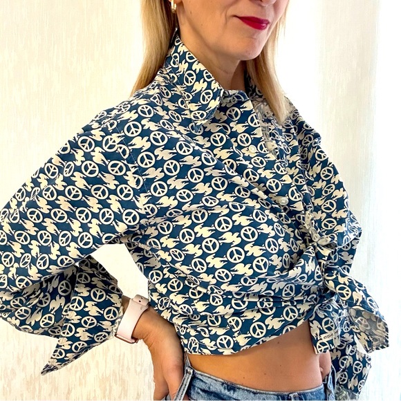 Lucky Brand peace sign ☮️ all over print cotton button down shirt - Picture 5 of 10